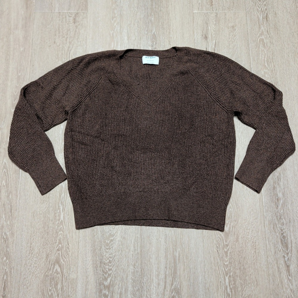 Old Navy V-Neck Sweater Womens Medium Brown Excellent Ribbed‎ Raglan Pullover